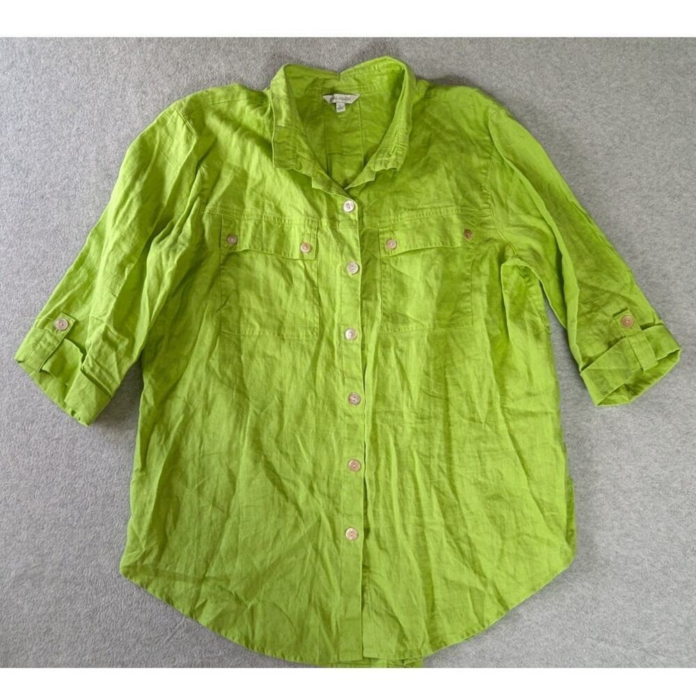 JOHN MARK Top‎ Large 100% Linen Button Down 3/4 Tab Sleeve Pockets Collared